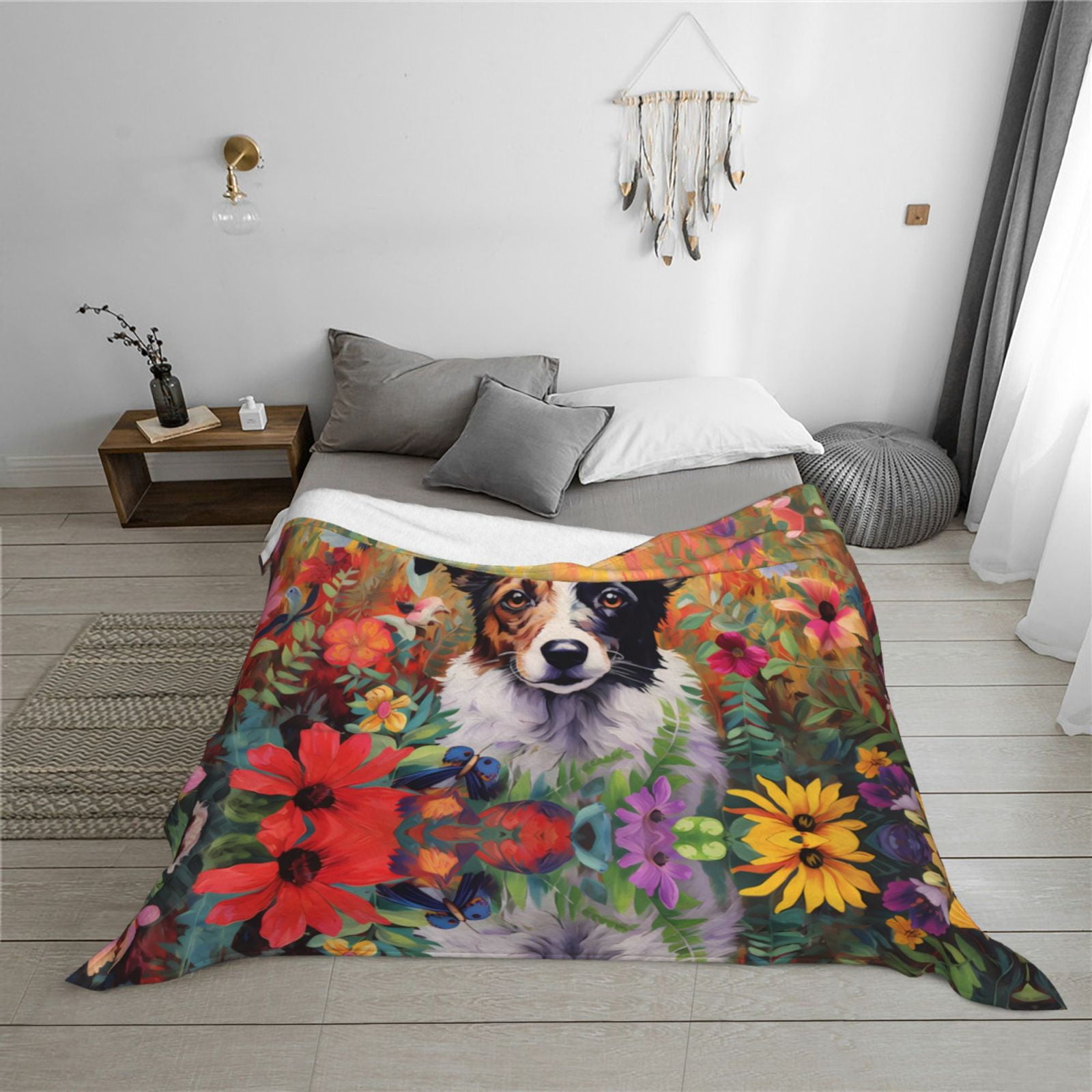 Throw Blanket for Couch - Colorful Flower Dog Soft Comfy Lightweight Cozy Warm Throw Blanket, Fuzzy Plush Flannel Blanket & Throws for Sofa and Bed All Season