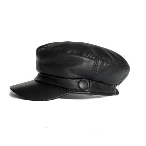 Lukkizara Women's Leather Newsboy Cap Cabbie Beret Real Leather Flat Hat Vitage Style Ascot Hat (US, Alpha, Large, Black)