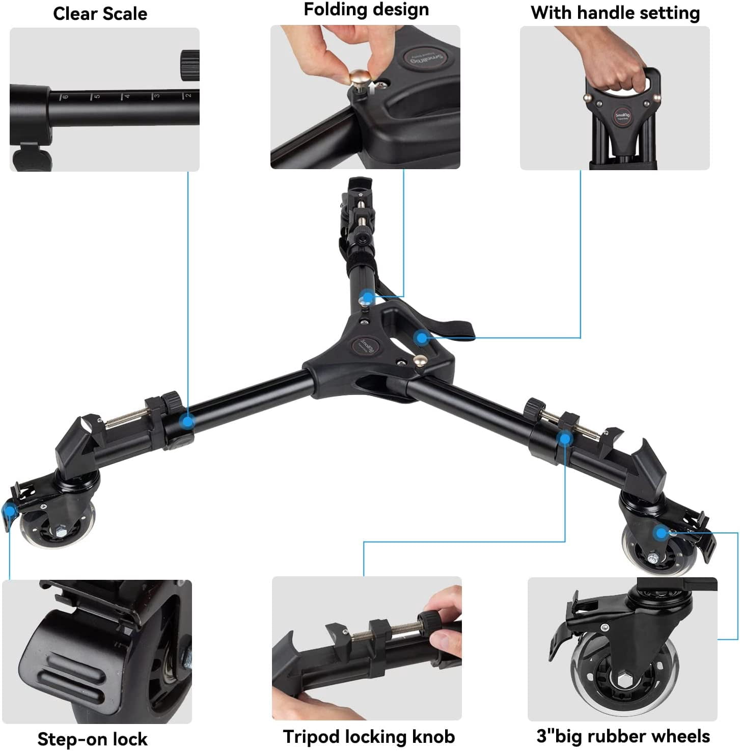 SmallRig Universal Photography Tripod Dolly, Heavy Duty with 3" Rubber Wheels, Adjustable Legs and Carry Bag, 33 lbs Capacity Tripod Wheels for Canon for Sony Cameras Camcorder Video Lighting- 3986