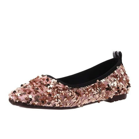 hopeusnice Clearance Women s Sequined Flat Ballerina Shoes Slip On Comfortable Low Heel Flats Party Wedding Bridal Shoes Pink 40