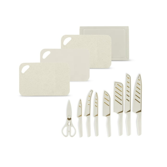 Thyme & Table taupe 20-piece kitchen set with stainless steel knives, scissors, and four cutting boards in various sizes.