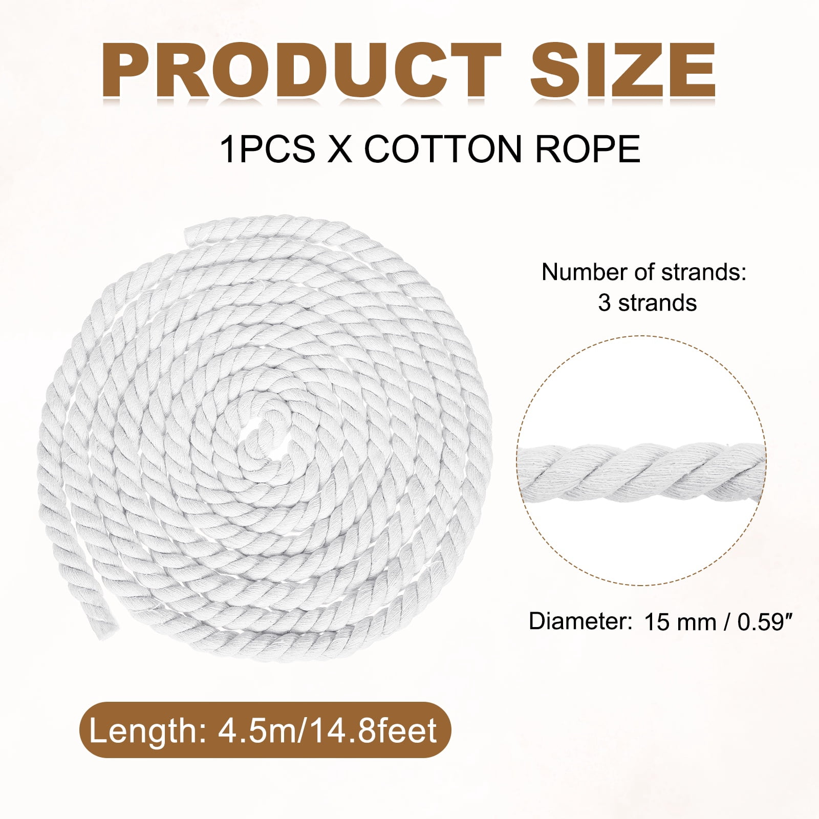 Uxcell 0.59" x 14.8 Feet White Cotton Rope 3 Strand for DIY Wall Hanging Knotting