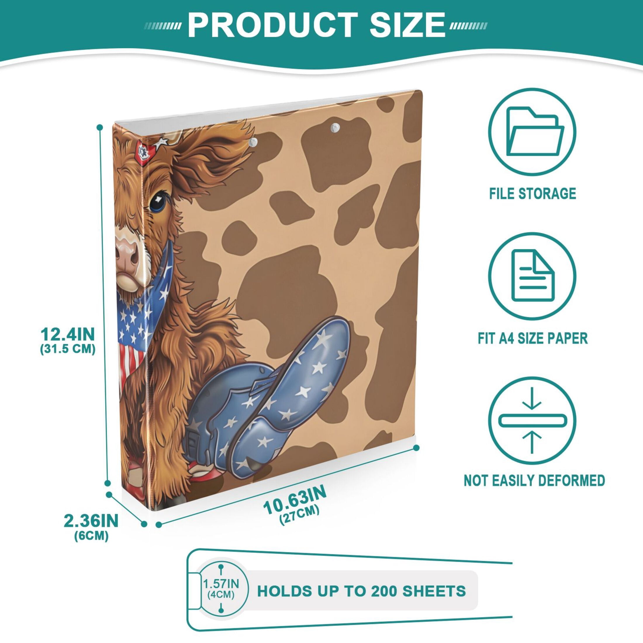 Cowboy American Flag Cow 3 Ring Binders 1.5 inch Hardcover File Folders with Interior Pockets A4 Size Organizer for School Office Hospital
