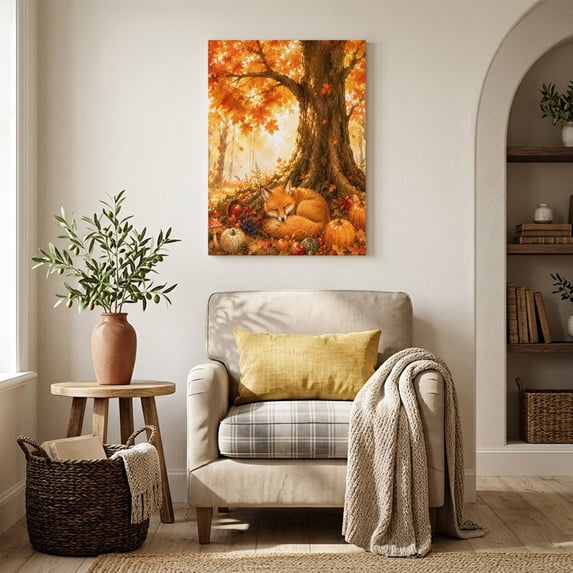 Canvas Wall Art, Fall Fox Framed Canvas Prints for Living Room Bedroom, Retro Country Wildlife Maple Leaves Pumpkins Gallery Wrapped Wall Decor for Home Office, Gifts, 12"x16" Ship Next Day