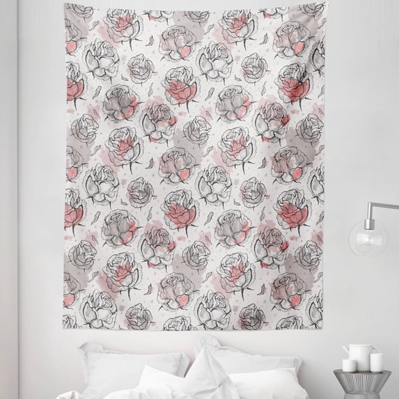 Rose Tapestry, Romantic Flowers with Pastel Paint Blots, Fabric Wall Hanging Decor for Bedroom Living Room Dorm, 5 Sizes, Pale Rose Coral Grey, by Ambesonne