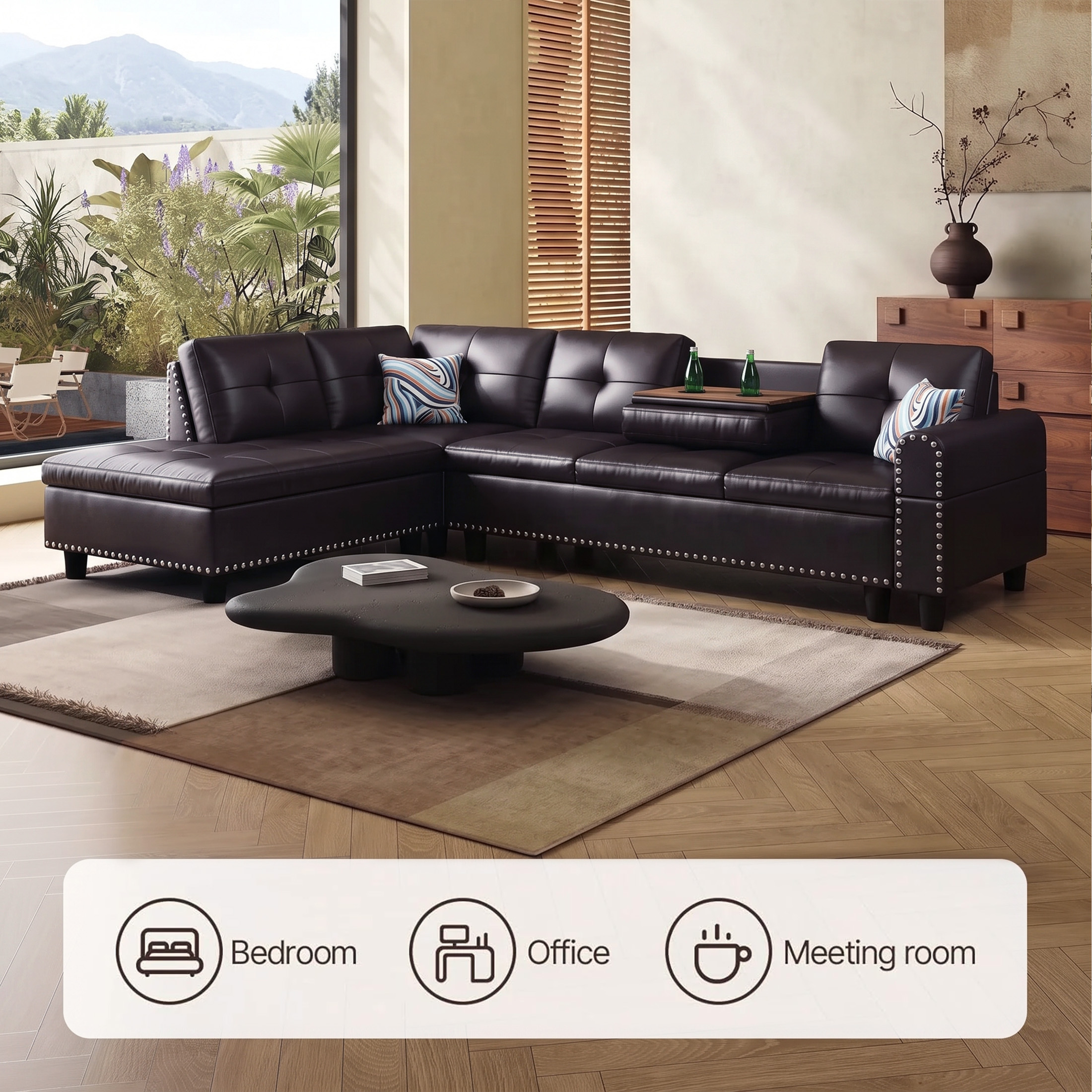 AENKYO 98" L-Shaped Sectional Sofa with Reversible Chaise and Cup Holders, Faux Leather, Brown