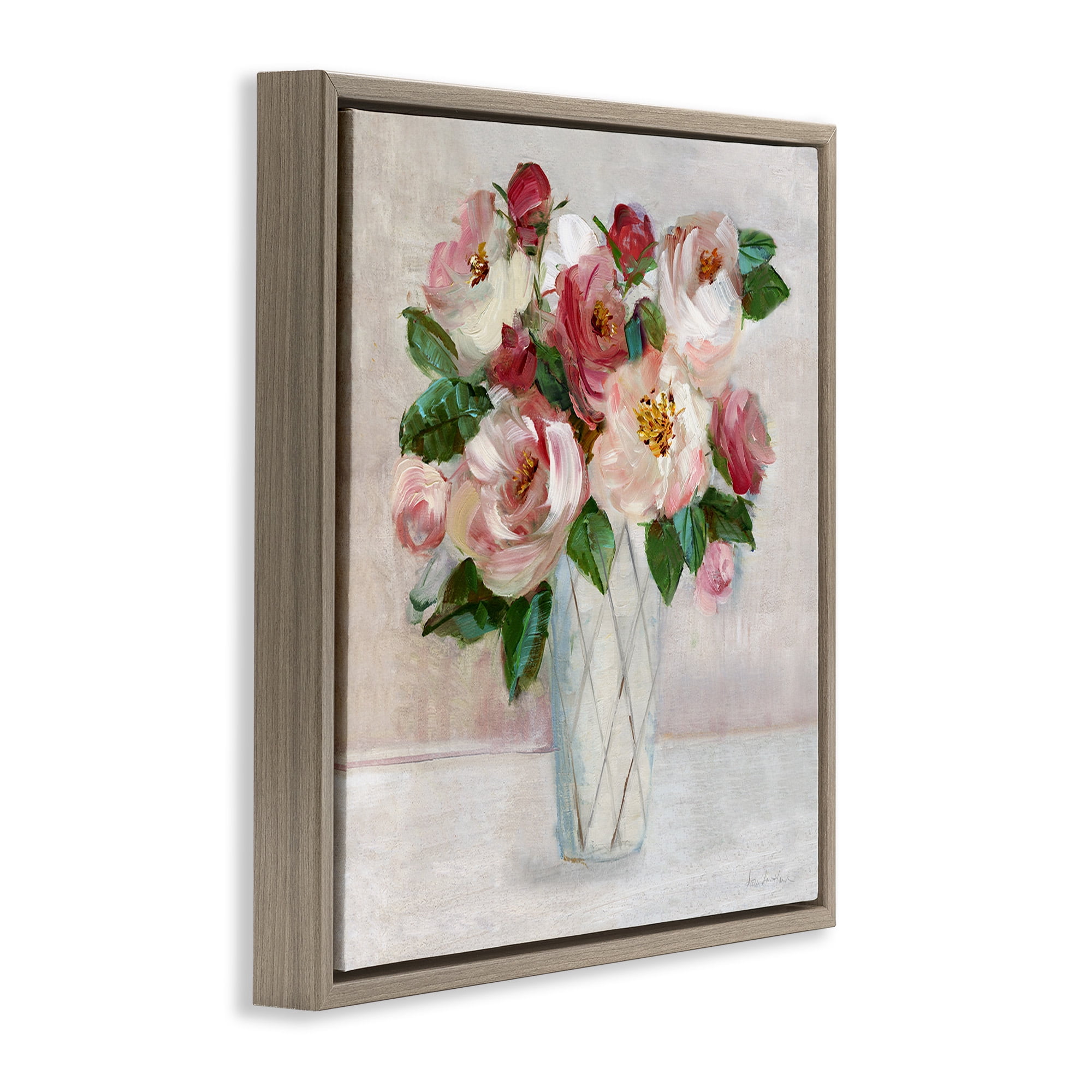 Stupell Industries Pink & Red Rose Bouquet Botanical & Floral Painting Brown Floater Framed Canvas Art Print Wall Art, 18 x 18