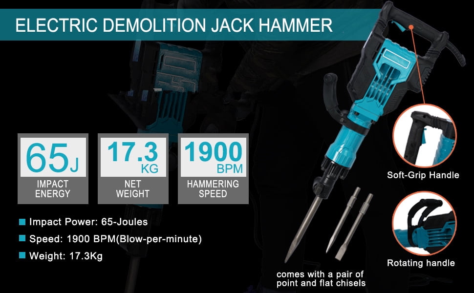 TOPCHANCES 1700W 1900BPM Electric Demolition Jack Hammer 1-1/8 Inch SDS-Hex Heavy Duty Concrete Pavement Breaker Drills Kit