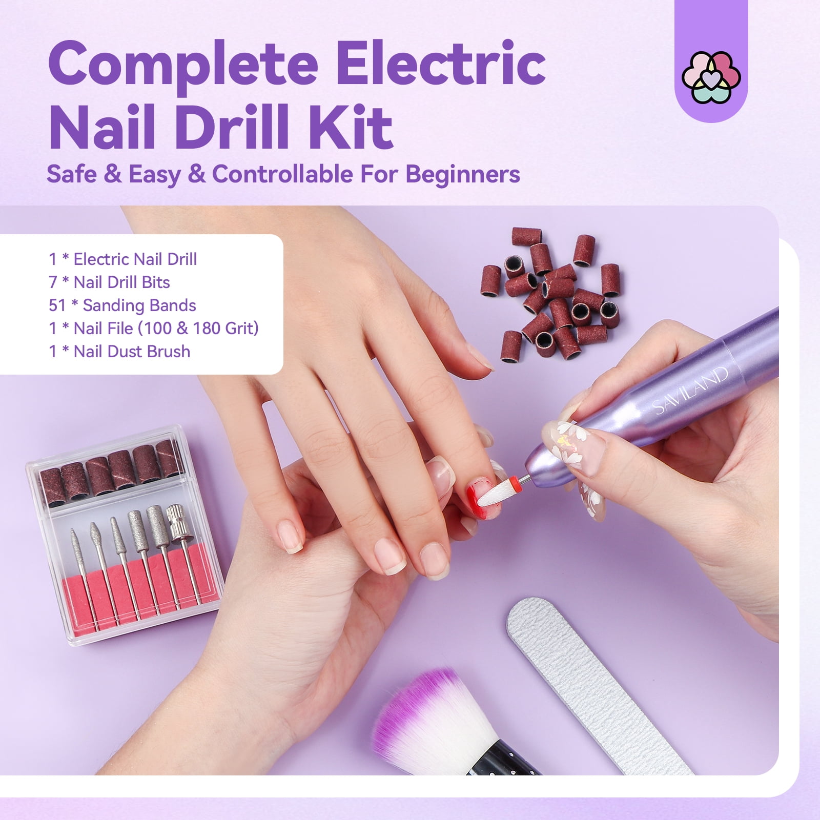 Saviland Nail Drill, Portable Electric 20000 RPM, 7-Piece Purple