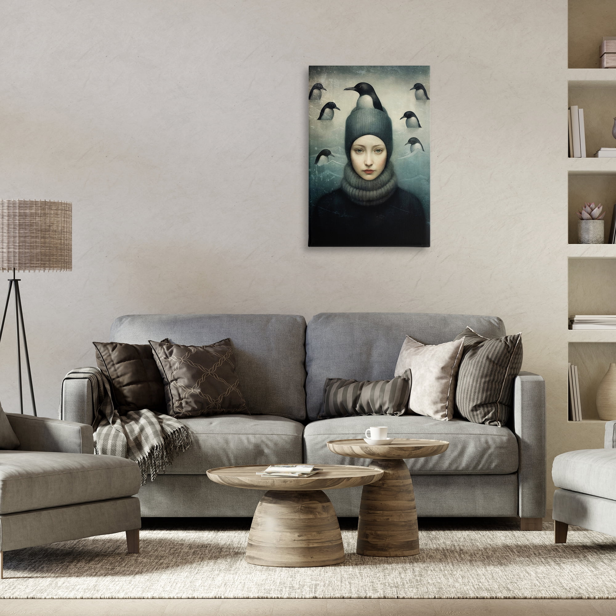 Stupell Industries Peeking Penguins & Woman People Painting Wrapped Canvas Art Print Wall Art, 20 x 30