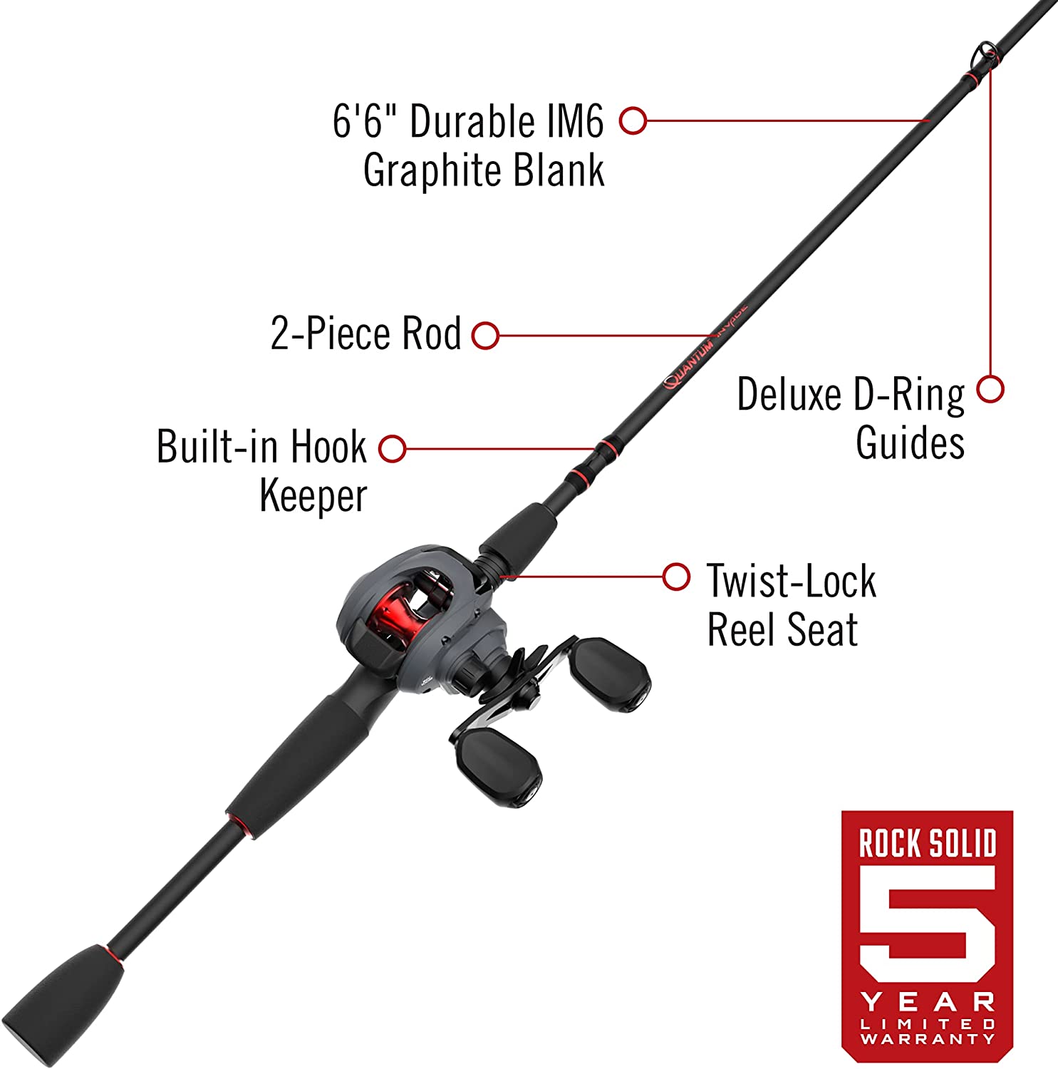 Quantum Invade Baitcasting Reel and Fishing Rod Combo, 6-Foot 6-Inch 2-Piece IM6 Graphite Baitcast Fishing Pole, Split-Grip EVA Handle, Size 100 Reel, Right-Hand Retrieve, 6.1:1 Gear Ratio, Dark Gray