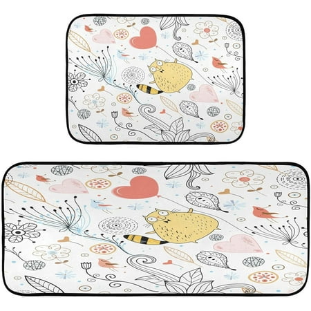 

BESTKITTY Cat Bird Flower Illustration Cartoon Kitchen Mat - Cushioned Kitchen Rug Set of 2 Non Slip Waterproof Kitchen Mats for Kitchen Laundry Sink Office 19.7 ×27.6 +19.7 ×47.2