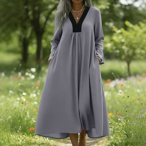 Long Sleeve Dresses for Women Summer Cotton Linen Sundress Color Blocked V-Neck Tent Oversized Loose Fit Flowy Long Nightdress S-3XL