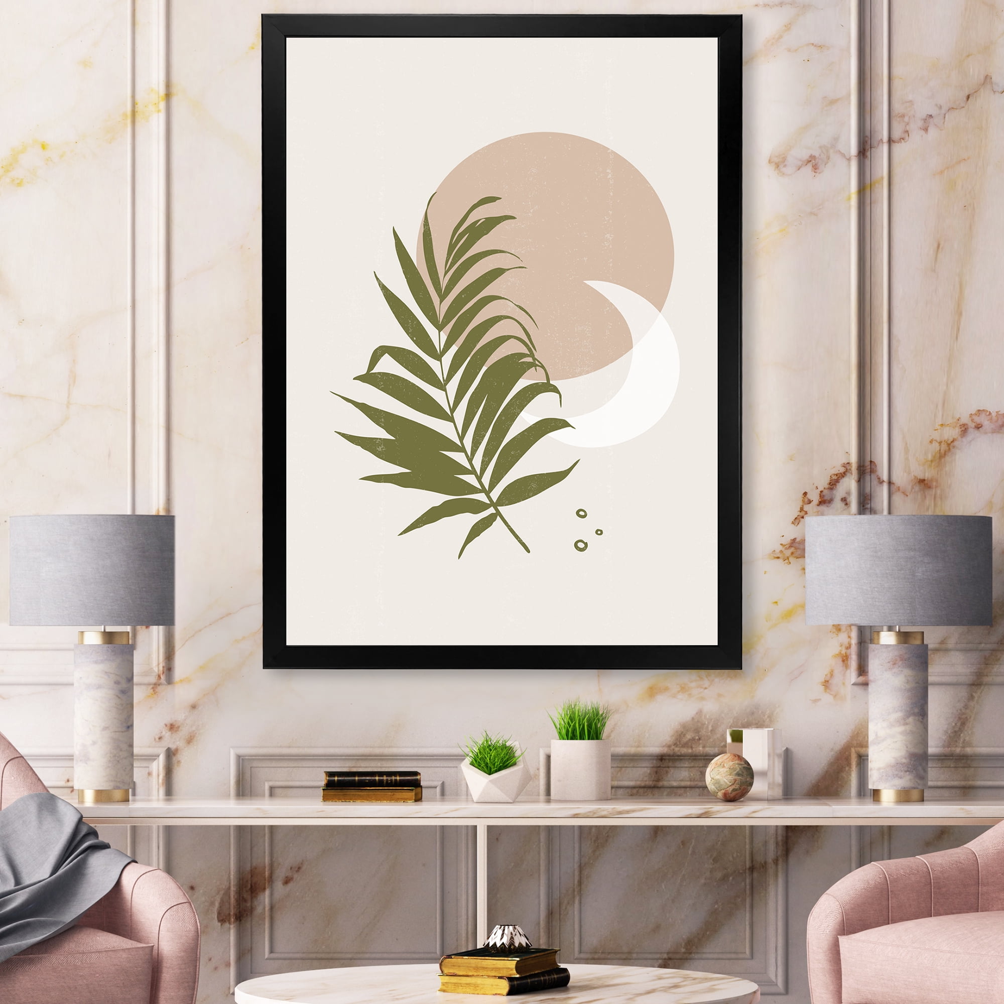 Designart 'Abstract Moon and Sun With Green Leaf II' Modern Framed Art Print