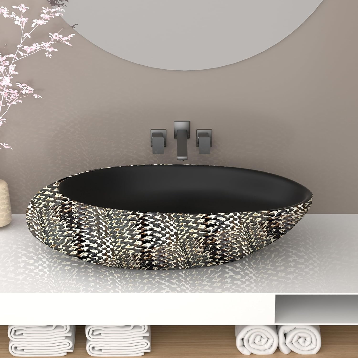 WinZo Bathroom Artistic Vessel Sink, 23"W×15"D×5.9"H Egg-Shaped Sink Retro Ceramic Washbasin Above Counter for Bathrooms, Modern Countertop Bowl Sink, Carved Black