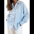 thumbnail image 2 of Camisas de Mujer con Botones, Blusas Clásicas A Rayas de Larga con Cuello y Bolsillo para Oficina Azul M, 2 of 7