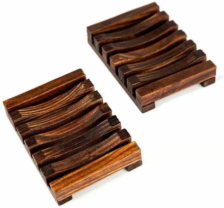 2Pcs Soap Dish Holders, Premium Anti-Slide Bathroom Wooden Soap Case Holder, Hand Made Natural Wooden Soap Dishes for Bathroom, Home Kitchen, Sink, Bathtub - Sink Soap Drainer, Soap Saver