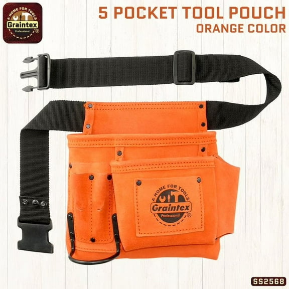 Graintex SS2568 :: 5 POCKET NAIL & TOOL POUCH LIME ORANGE COLOR SUEDE LEATHER WITH BELT