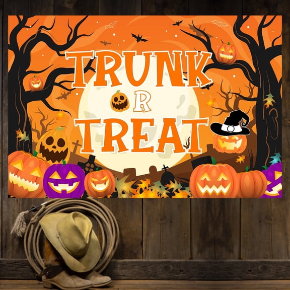 5*3ft Halloween Pumpkin Trunk Or Treat Background Cloth Vinyl Halloween Party Backdrop Indoor Outdoor Pumpkin Decor Kids Adult Entryway Wall Decoration Banner