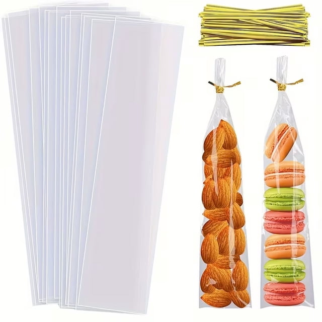 100 bolsas de regalo de celofán transparente con lazos dorados Bolsas de regalo de 2 x 10 pulgadas for galletas, dulces, bocadillos y más Ideal for vacaciones, bodas y fiestas