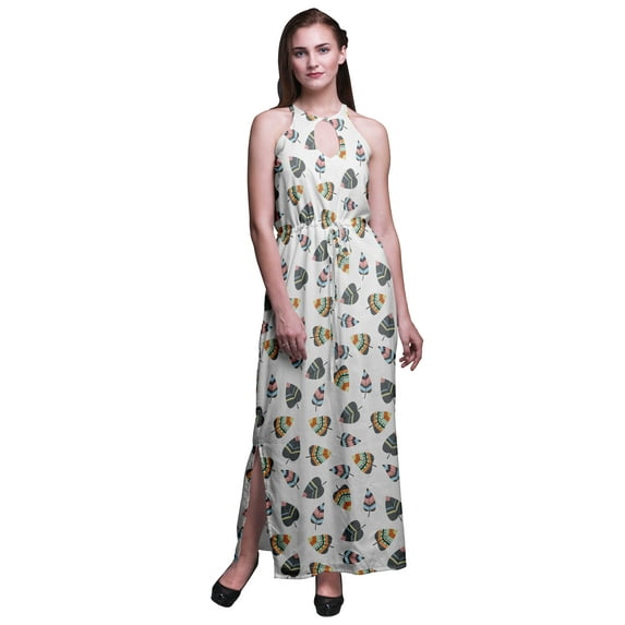 Bimba Leaves Ladies Sleeveless Long Print Maxi Dress with Side Slits Summer Wear-XX-Large