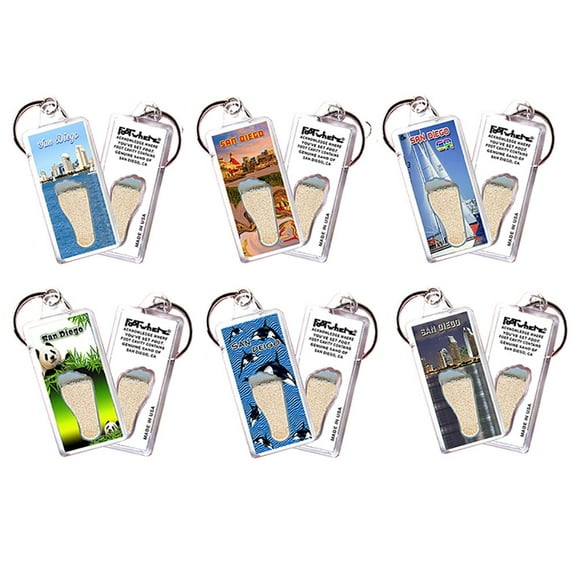 San Diego FootWhere Souvenir Keychains. (SD100 - Assorted) 6 Piece Set.