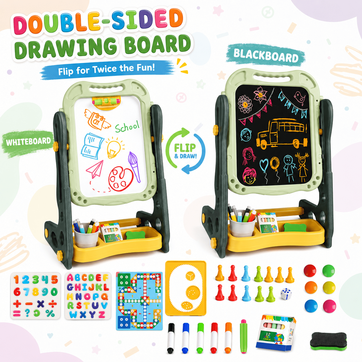 Huge Wave Easel for Toddlers, Double Sided Magnetic Drawing& Learning Board for Girls Boys 2-6 Years, Adjustable Height, Christmas Birthday Gifts for Kids