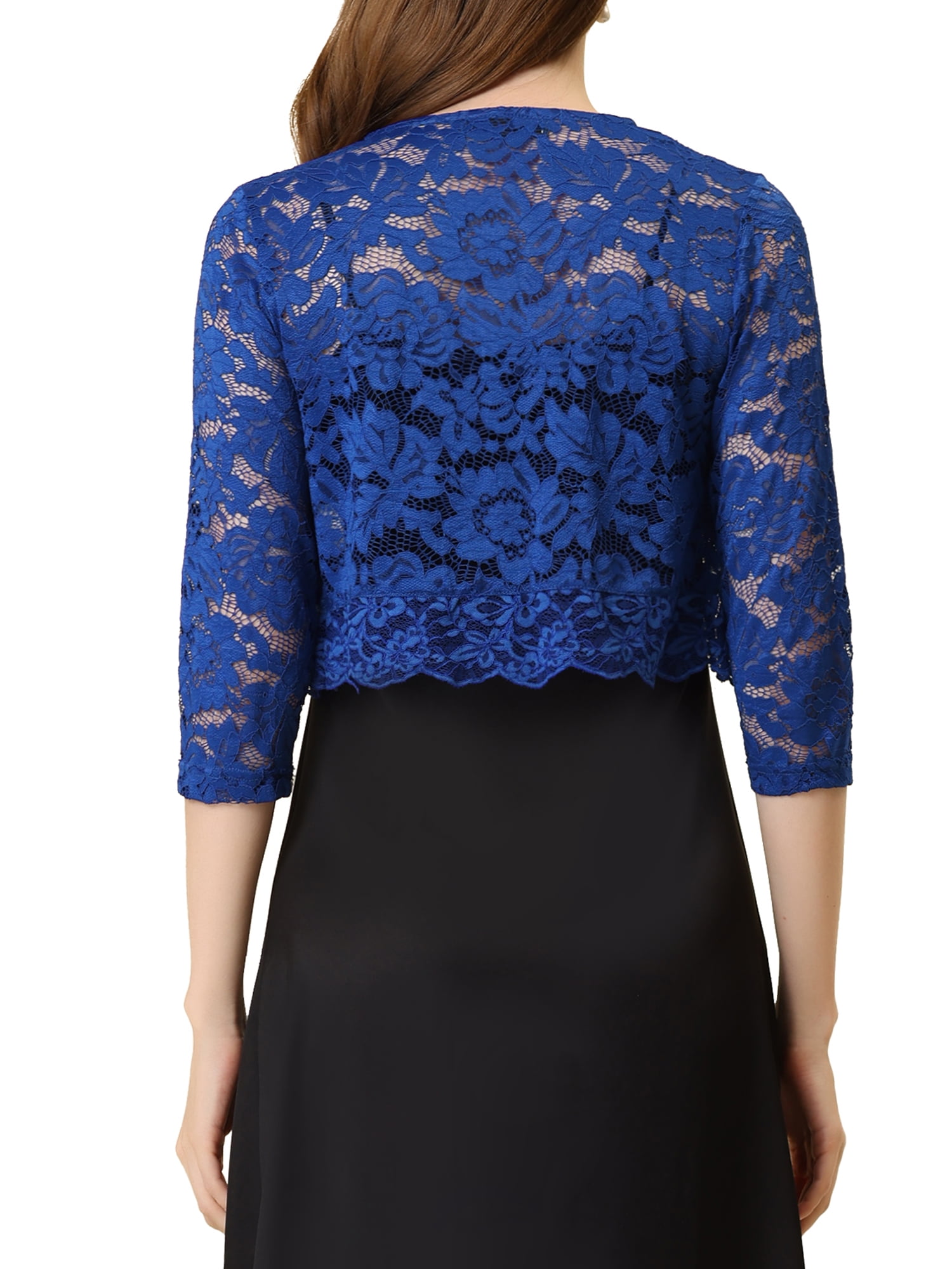 DARING DIVA 3/4 Sleeve Sheer Floral Lace Shrug Top L Cobalt Blue