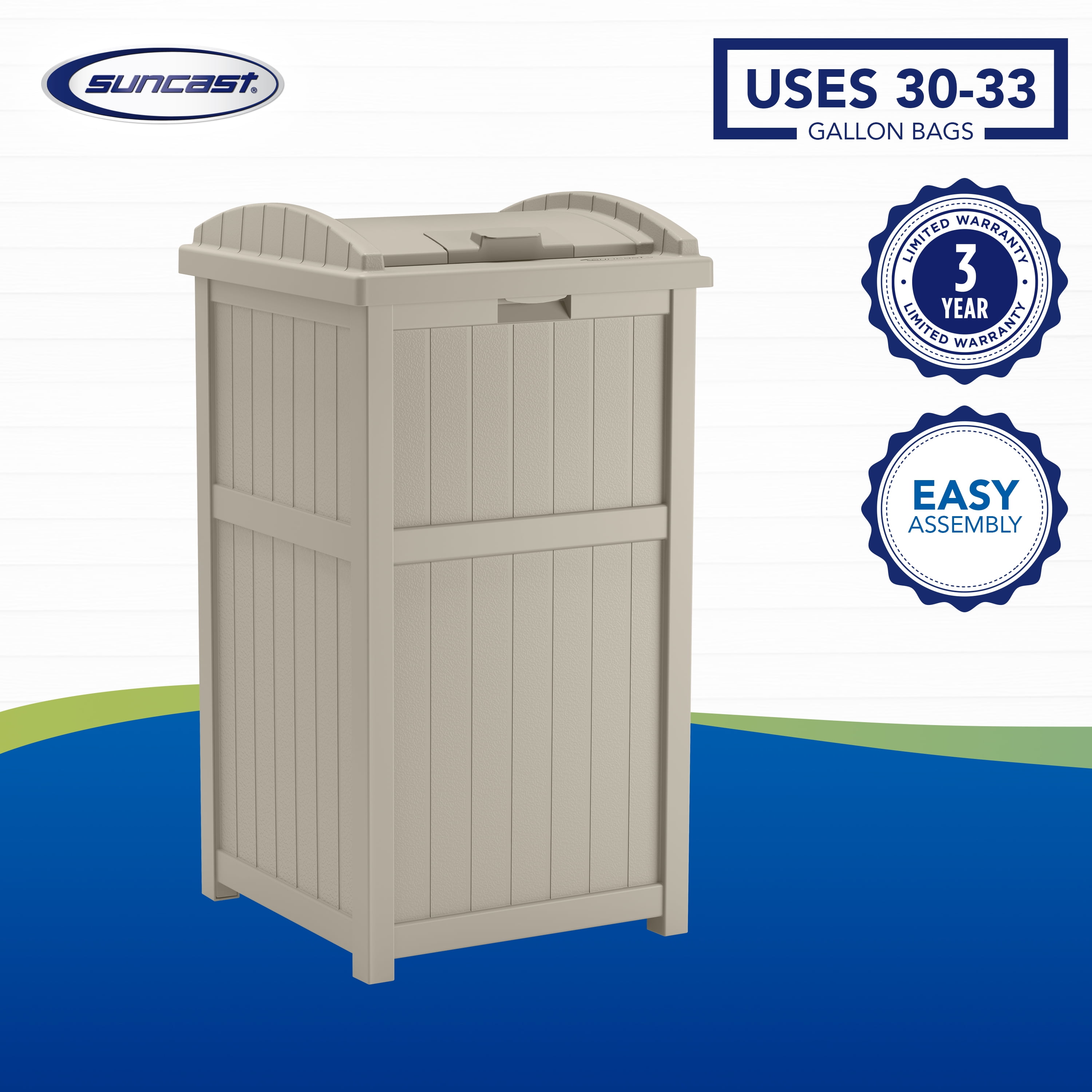 Suncast Resin Hideaway Outdoor Trash Can with Latching Lid, Taupe
