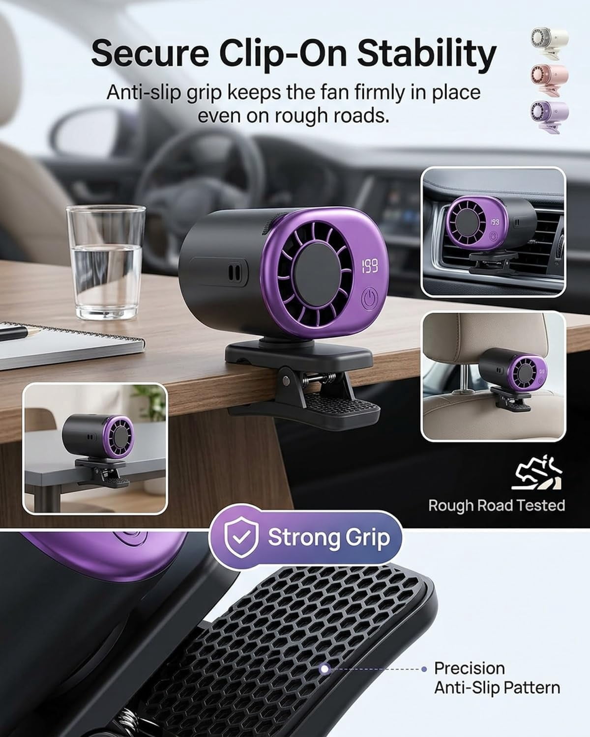 New Car Clip on Air Conditioner Fan with LED Display, 360° Rotatable Mini Cooling Fan 199 Speeds Portable Auto Vehicle Cooler