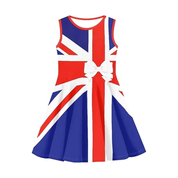 Girls Sleeveless UK Flag Print Swing Dress Front Bow Decor A-Line Flared Sundress Kids Daily Sports Outdoor Casual Summer Dress(Blue,9-10 Years)