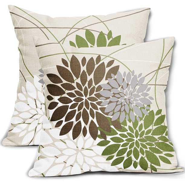 Brown Green Pillow Covers 18x18 Dahlia Flower White Gray Elegant
