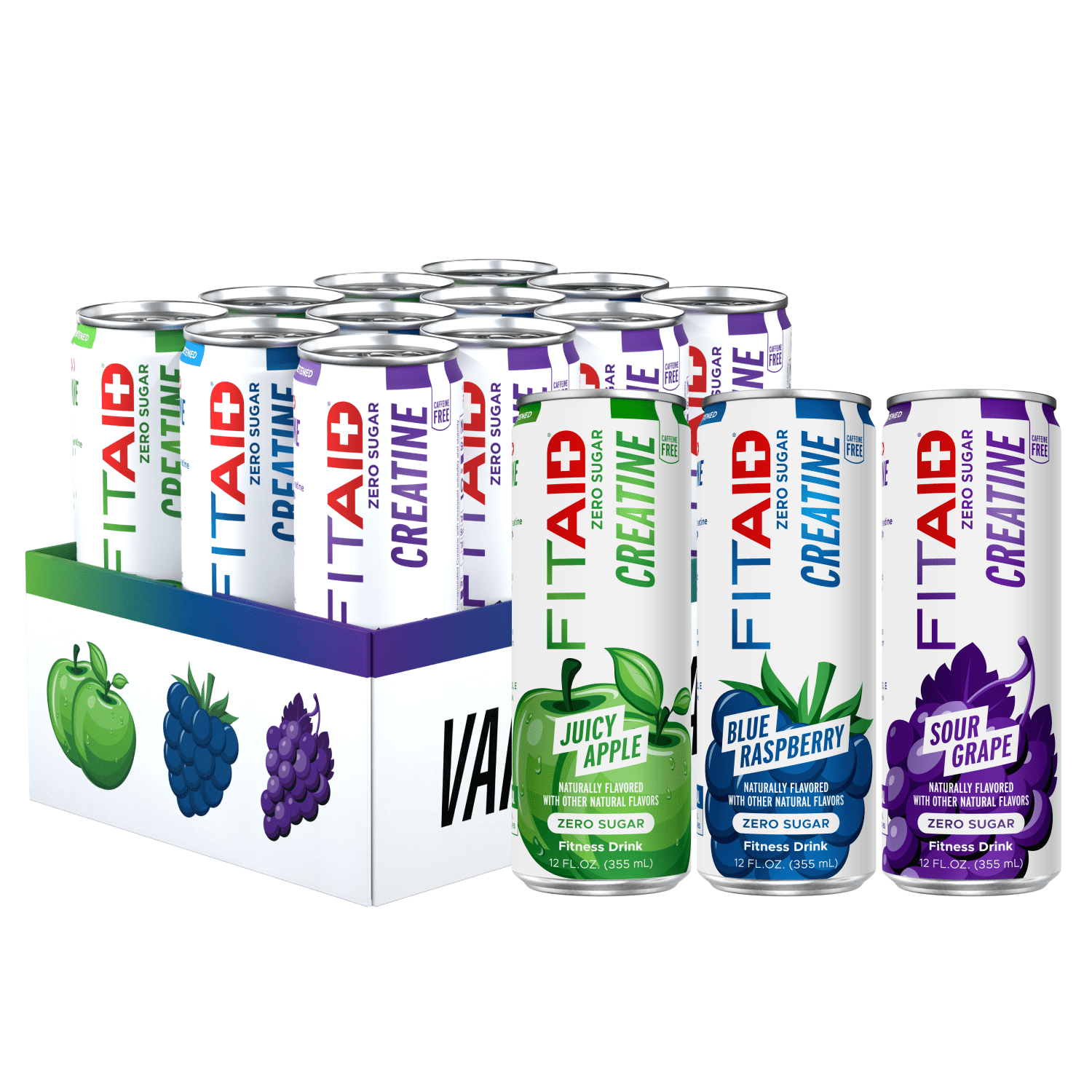 FITAID CREATINE Drink, Zero Sugar, Naturally Sweetened, 3 Flavor Variety Pack, 12-oz. can (Pack of 12)