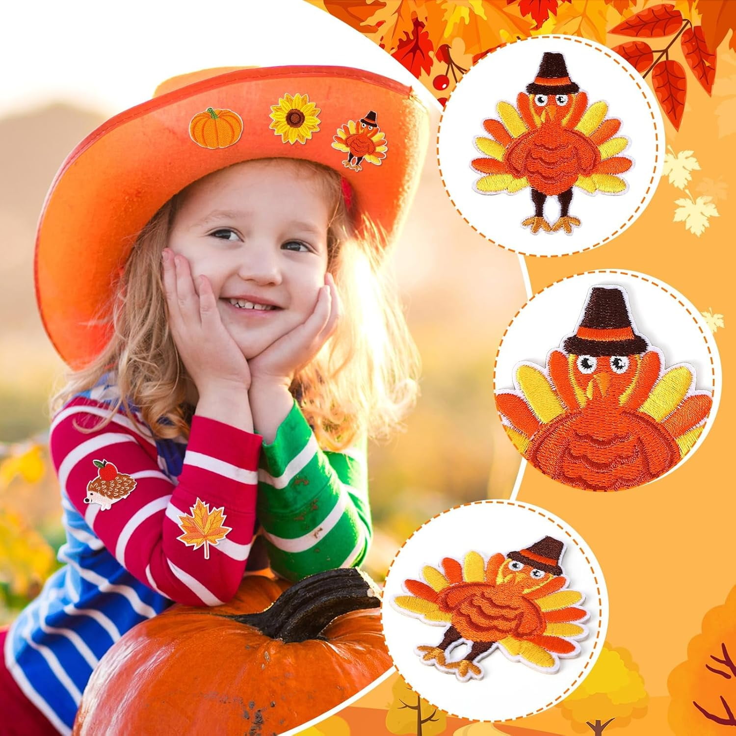AP 60pcs Fall Autumn Iron on Patches Random Assorted Thanksgiving Day Embroidered Sew Applique Repair Patch Fall Leaf Pumpkin Turkey Maple Leaves Gnome Acorn DIY Crafts for Clothing Jacket Jeans