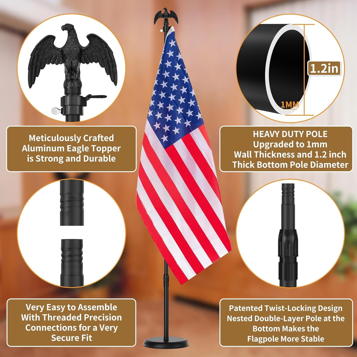 8 FT Indoor Flag Pole and Stand,Heavy Duty Indoor Flag Pole Kit with Weighted & Thickened Base, Eagle Topper,3x5 FT American Flag,Adjustable Presidential Indoor Flagpole for Office School City Hall