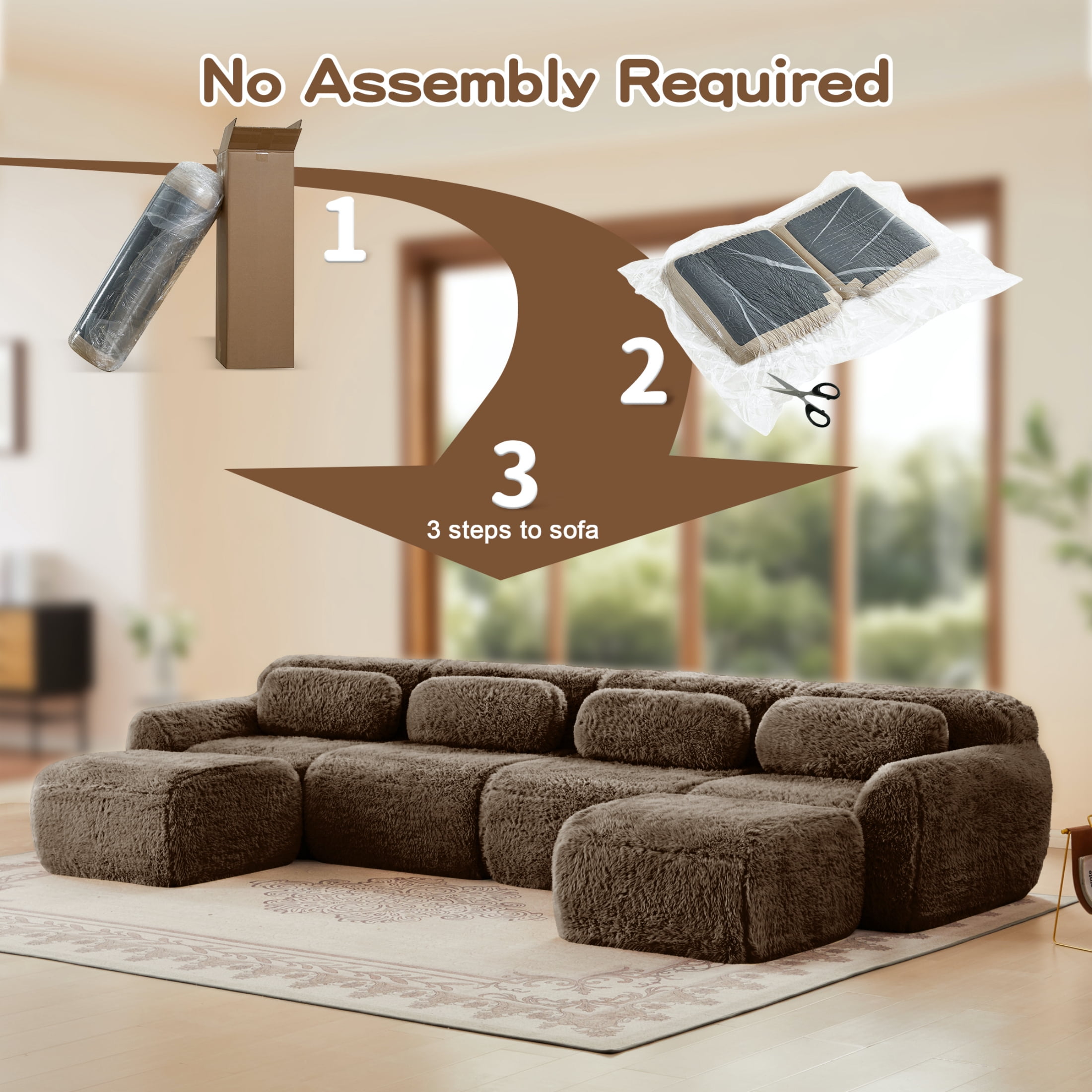 Vinform 149" Sectional Couch, U-Shaped Sofa with 2 Ottomans for Living Room, 4-Seat, Plush, Brown(No Assembly Required)