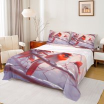 Homewish Cartoon Red Bird Queen Sheet Sets for Kids, Christmas Robin Animal Flat Sheet, Winter Western Festival Queen Fitted Sheet, Luxury Bedroom Decor, 4pcs