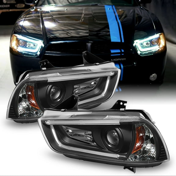 AKKON - For 11-14 Dodge Charger Black Bezel LED Daytime Running Lights Strip Tube Design [Factory HID Type] Projector Headlights