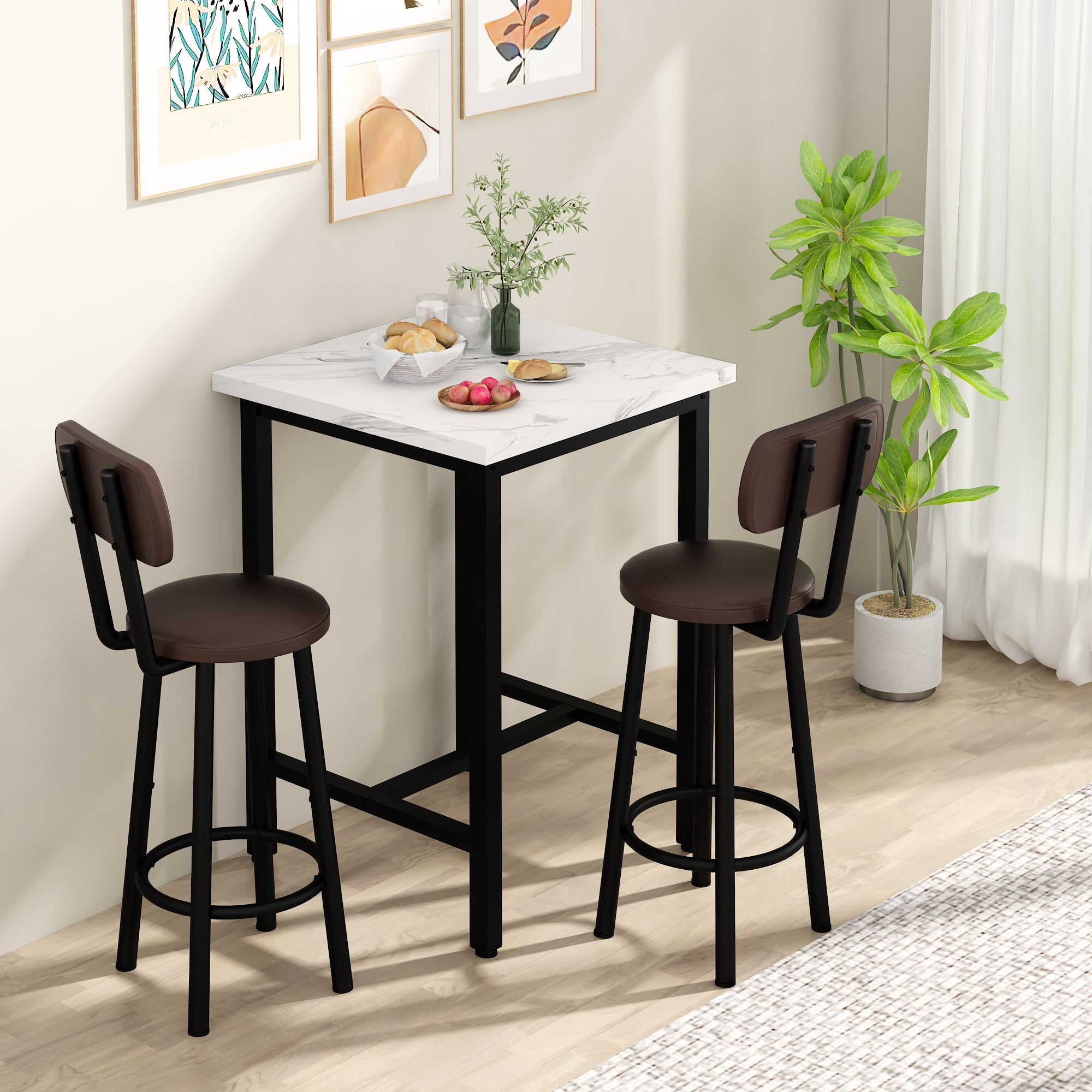 MIERES Square Marble Dining Table Set, 2-Seater Kitchen Dining Set with Two Bar Stools, Compact Dining Table, White