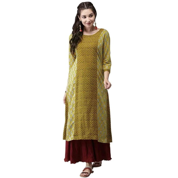 eloria Floral Printed Anarkali Kurti With Three-Quarter Sleeves In Round Neck Design