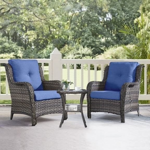Gymojoy 3 Piece Patio Conversation Bistro Set Outdoor Chat Furniture, Porch Balcony Furniture Set,Wicker Lounge Chairs with Side Table Set,Navy