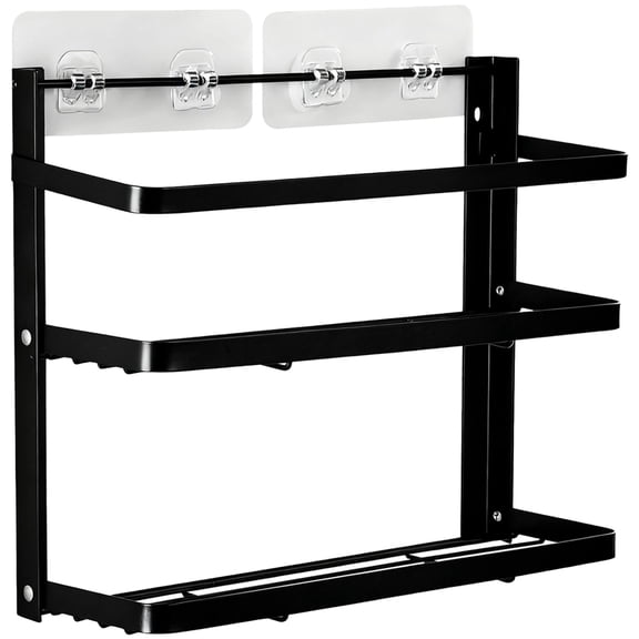 2-Tier Foldable Metal Spice Rack, Wall Mount Floating Shelves with Punch-Free Installation, Black Storage Organizer for Kitchen, 11.8 x 4.3 x 10.1 in / 30 x 10.8 x 25.7 cm