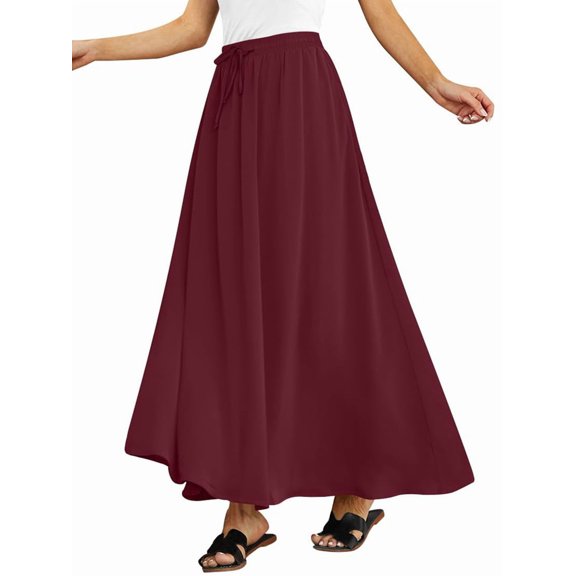 Women'S Flowy Maxi Skirt Summer Pleated High Waisted Casual Long Skirts with Pockets Red M
