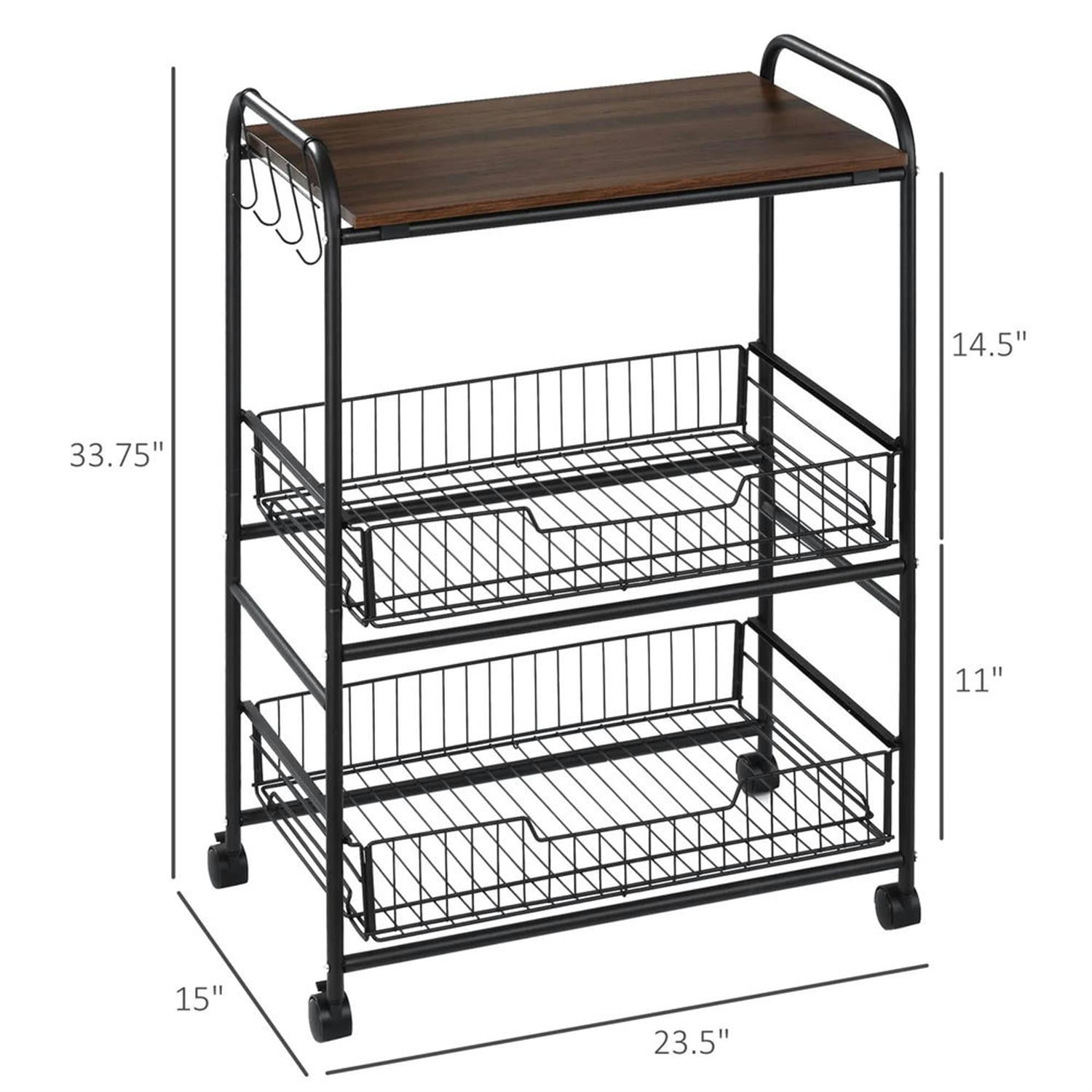 Demi Bonn 33" Kitchen Island Cart on Wheels with Storage, Rolling Dining Room Serving Utility Carts Mobile Movable with Fruit Basket and Side Hooks for Dining Room, Walnut