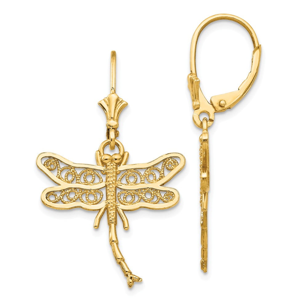 Solid 14k Yellow Gold Dragonfly Earrings 12mm x 15mm