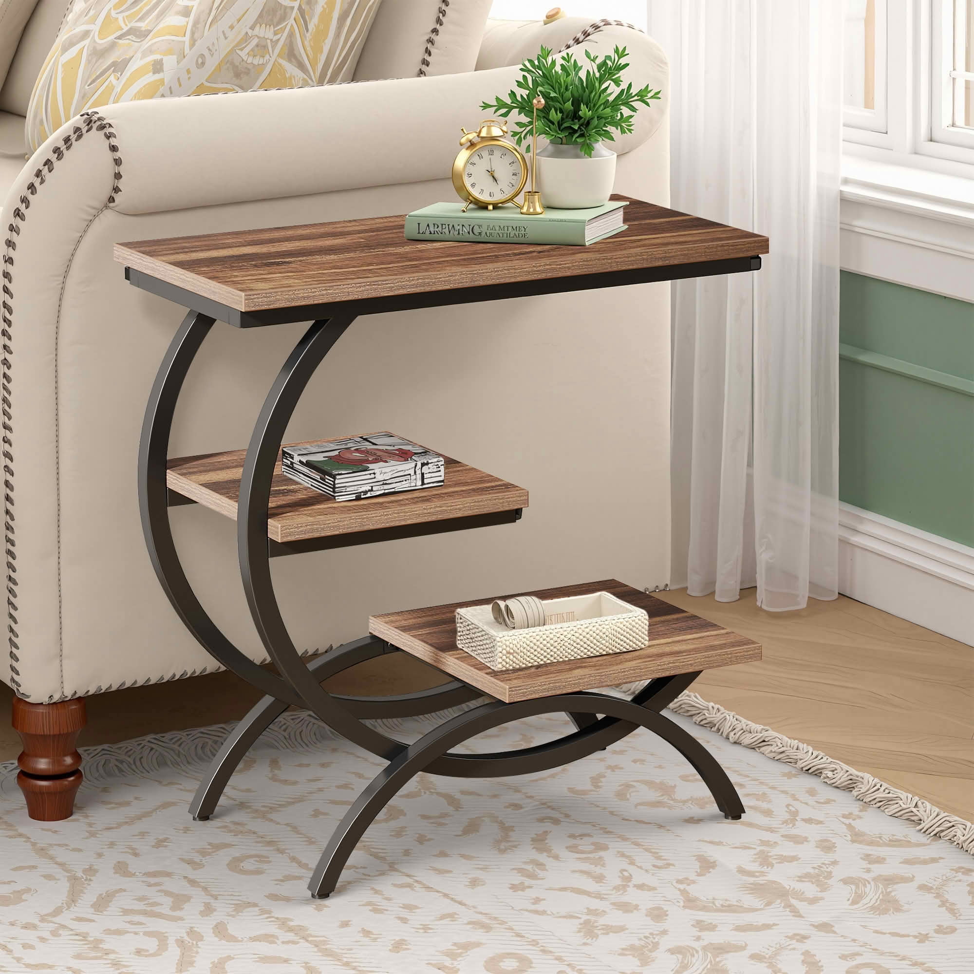 MAYEERTY C-Shaped 3-Tier Industrial End Table, Rustic Brown Particle Board Black Metal Frame Adjustable Feet Small Space Side Table