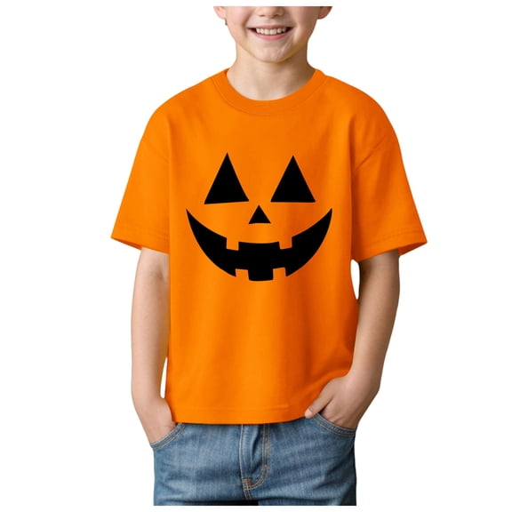 GCETTIC Halloween Kids Pumpkin Print T-Shirt Cotton Short Sleeve Orange 9-10 Years