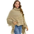 thumbnail image 4 of Women's Elegant Knitted Shawl Poncho with Fringed High-Neck Striped Sweater Pullover Cape, 4 of 6