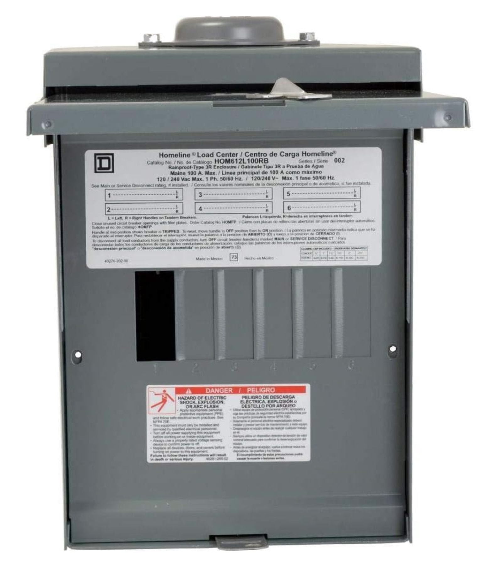 Square D by Homeline 100 Amp Outdoor Main Lug Load Center, Circuit Breaker Box, 6-Space 12-Circuit, 120/240 VAC, UL Listed, Rainproof NEMA 3R Enclosure (HOM612L100RBCP)