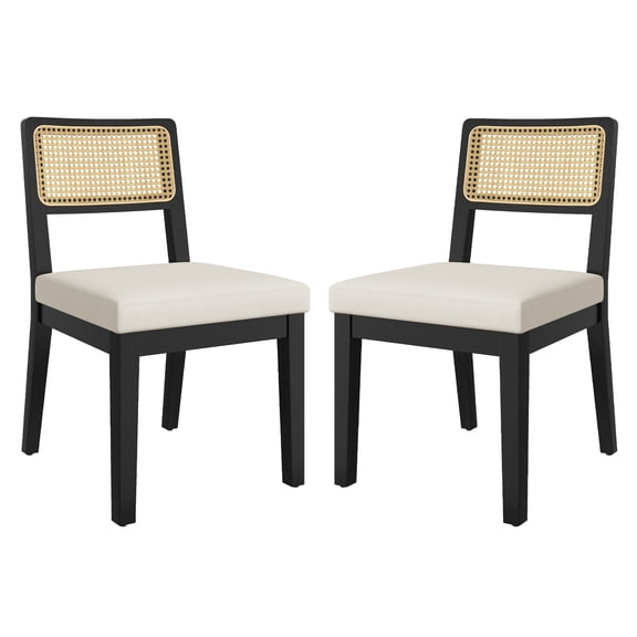 Dining Chairs, Rattan Dining Chairs Set of 2 Modern Armless - Linen Seat, Wood Frame, Breathable Back for Kitchen Dining Room Restaurant, Black